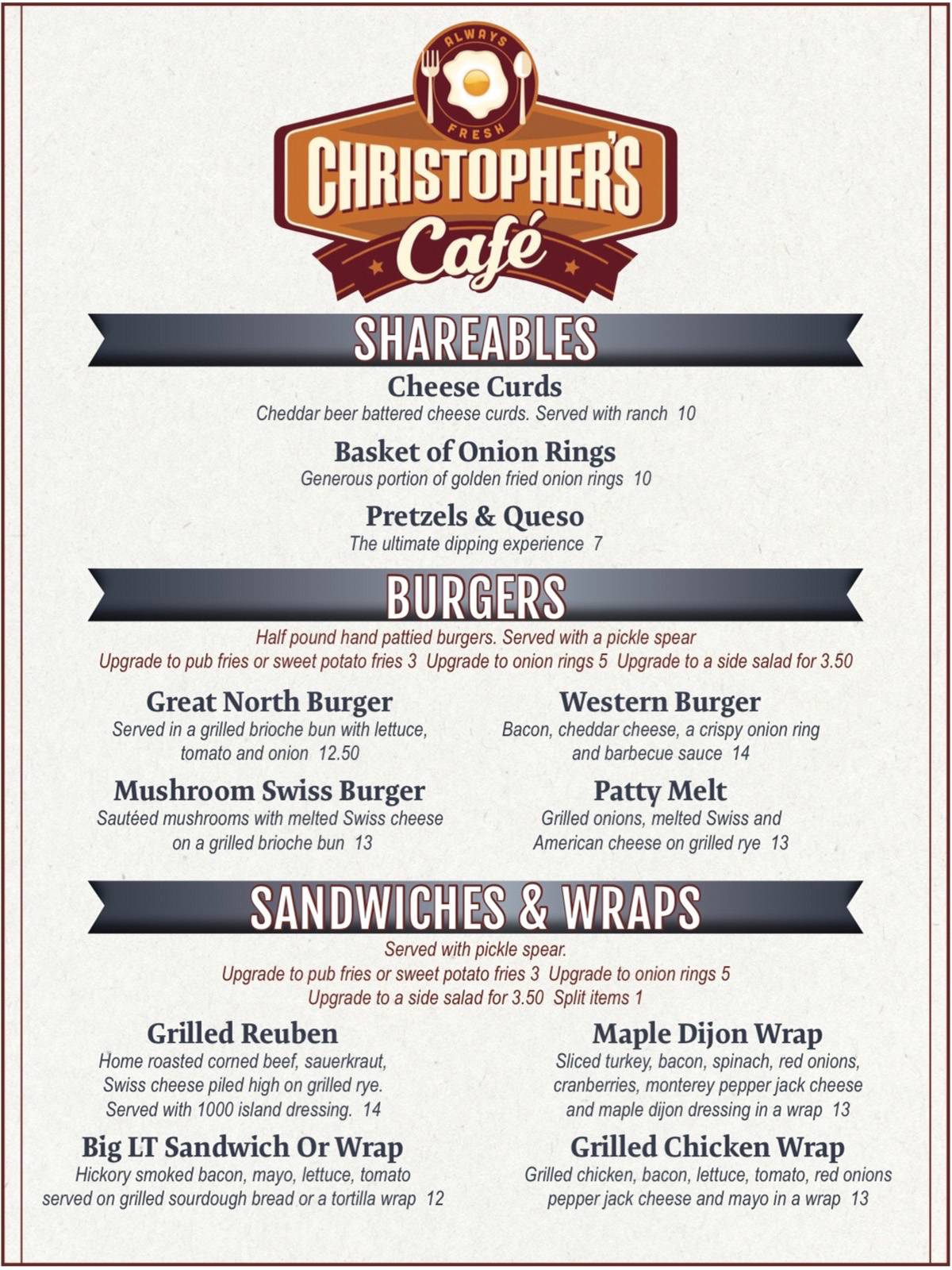Christophers Cafe Dinner Menu